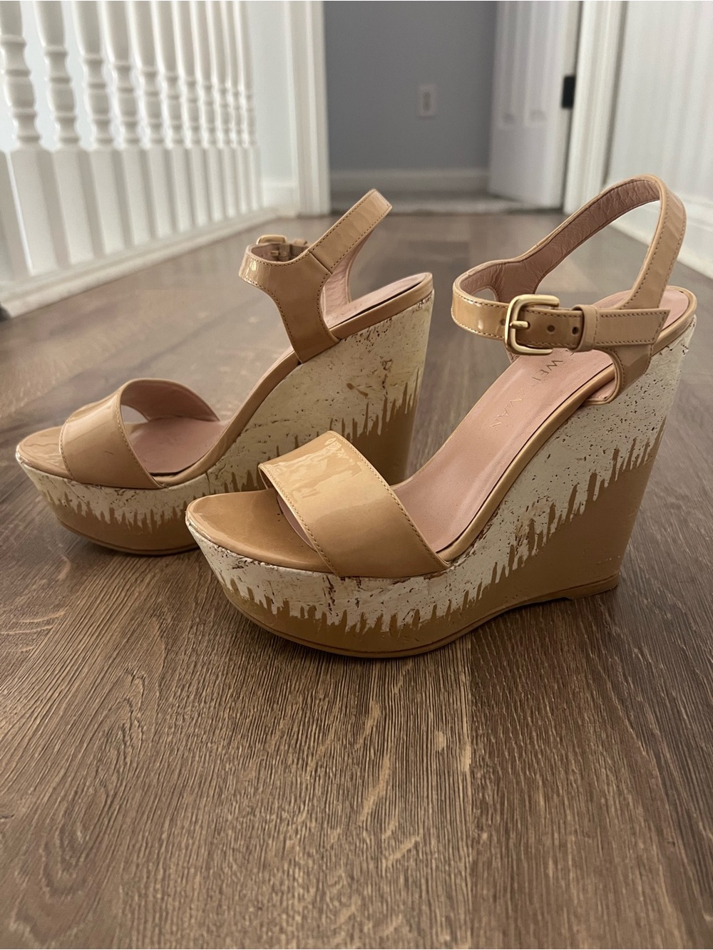 Stuart Weitzman Patent Tan Platform Wedge Sandals